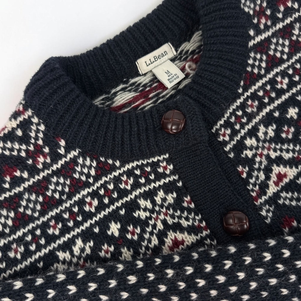 Vintage LL Bean Fair Isle Cardigan Sweater Wool Made in Norway Navy Womens M